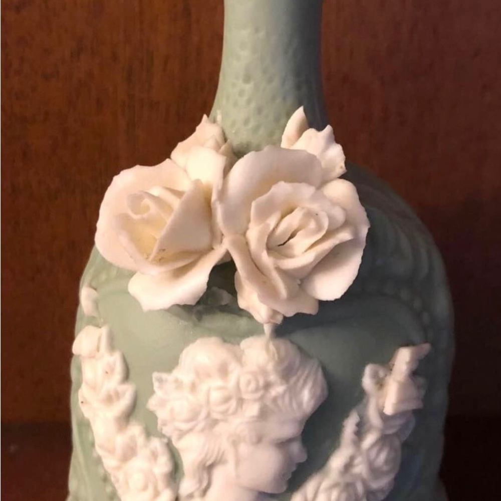 SHIAH YIH N.Y Bell Bisque Porcelain Light Sage Green 3D Cameo & Roses Design